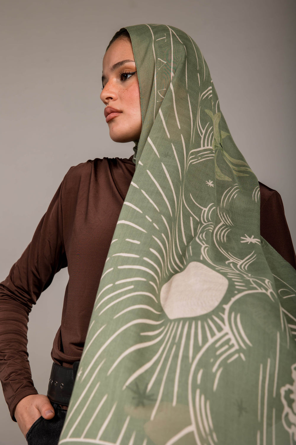 Worood Sunny Days In Olive Modal Scarf – natural and classic