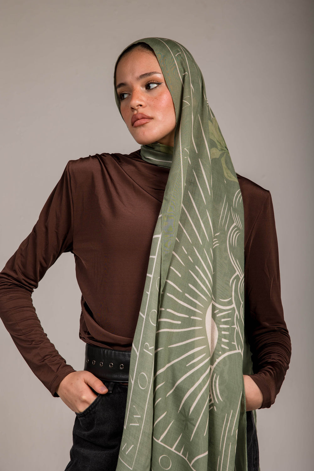 Worood Sunny Days In Olive Modal Scarf – natural and classic