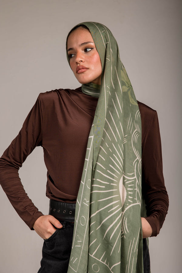 Worood Sunny Days In Olive Modal Scarf – natural and classic