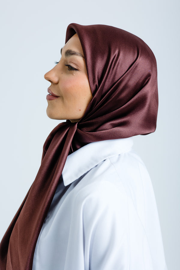 Worood Chocolate Silk Scarf Square – deep chocolate brown silk scarf with soft sheen