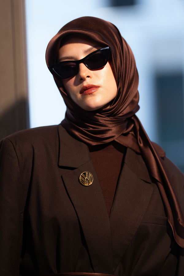 Worood Chocolate Silk Scarf Square – deep chocolate brown silk scarf with soft sheen