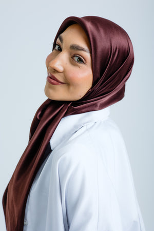 Worood Chocolate Silk Scarf Square – deep chocolate brown silk scarf with soft sheen