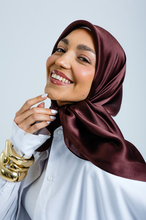 Worood Chocolate Silk Scarf Square – deep chocolate brown silk scarf with soft sheen