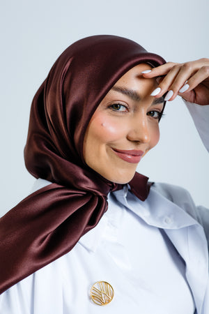 Worood Chocolate Silk Scarf Square – deep chocolate brown silk scarf with soft sheen