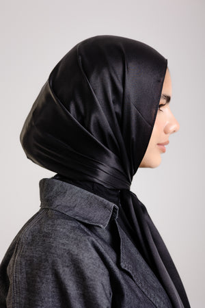 Worood Dark Black Silk Scarf Rectangle – solid black silk scarf with smooth luxurious texture