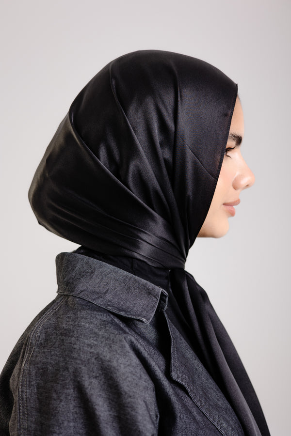 Worood Dark Black Silk Scarf Rectangle – solid black silk scarf with smooth luxurious texture