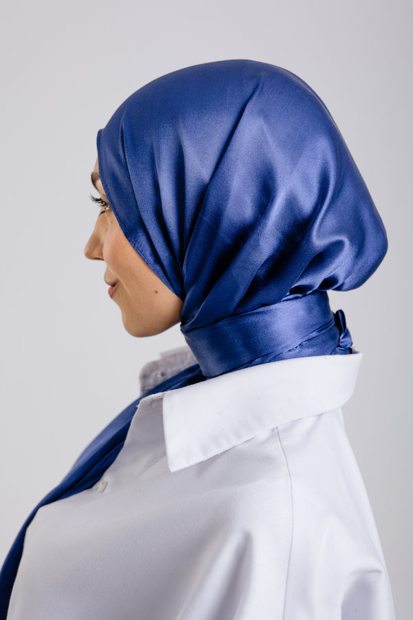 Worood Navy Silk Scarf Rectangle – classic navy blue silk scarf with subtle shine