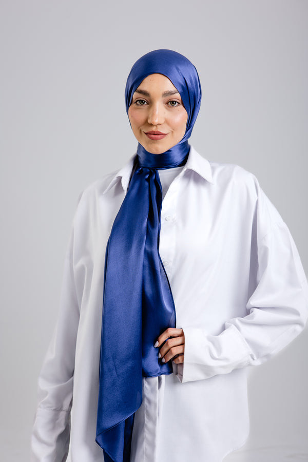 Worood Navy Silk Scarf Rectangle – classic navy blue silk scarf with subtle shine