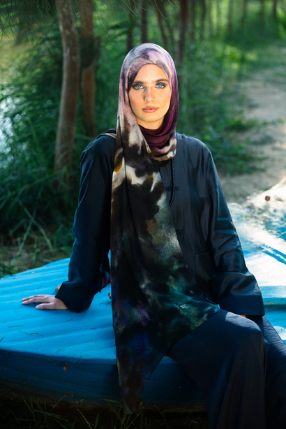 Althea printed premium modal scarf with symbolic nature-inspired artwork, layered textures, and lightweight breathable drape by WOROOD