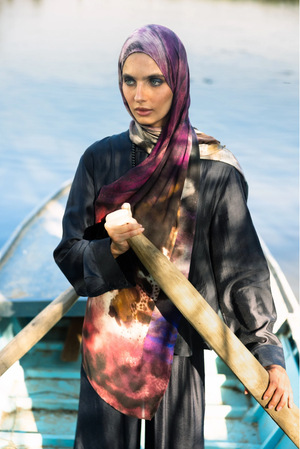 Althea printed premium modal scarf with symbolic nature-inspired artwork, layered textures, and lightweight breathable drape by WOROOD