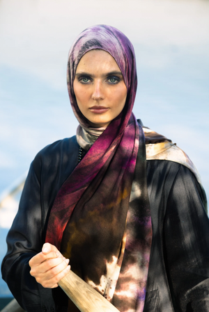 Althea printed premium modal scarf with symbolic nature-inspired artwork, layered textures, and lightweight breathable drape by WOROOD