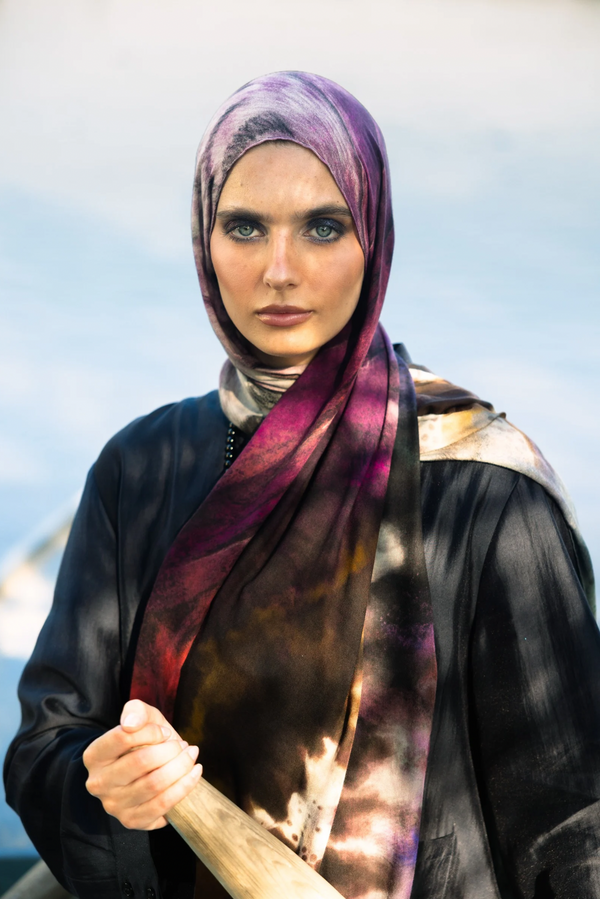 Althea printed premium modal scarf with symbolic nature-inspired artwork, layered textures, and lightweight breathable drape by WOROOD