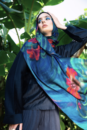 Azalea printed premium modal scarf with flowing botanical forms, delicate bird details, layered artistry, and lightweight breathable drape by WOROOD