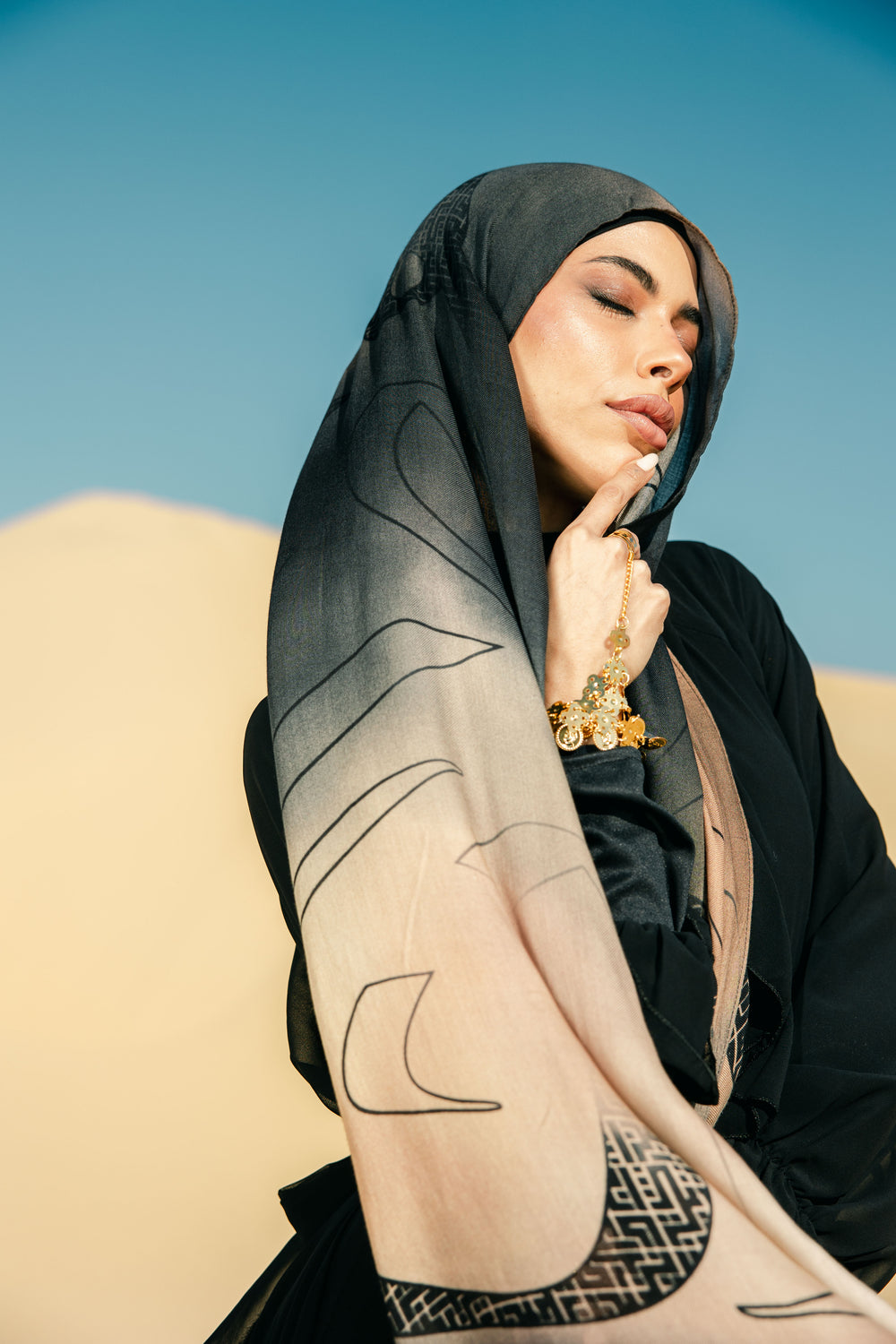 Bayan modal scarf worn as a lightweight hijab with calm balanced drape – وشاح بيان مودال يُرتدى كحجاب خفيف بانسيابية هادئة ومتوازنة
