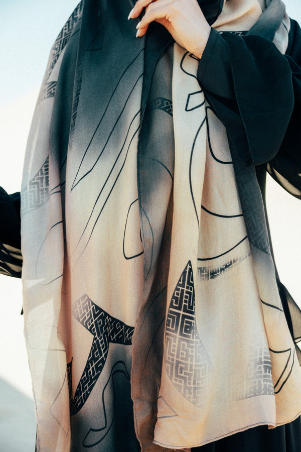 Bayan modal scarf styled as a hijab with clean lines and calm balanced look – وشاح بيان مودال منسّق كحجاب بخطوط هادئة وحضور متوازن