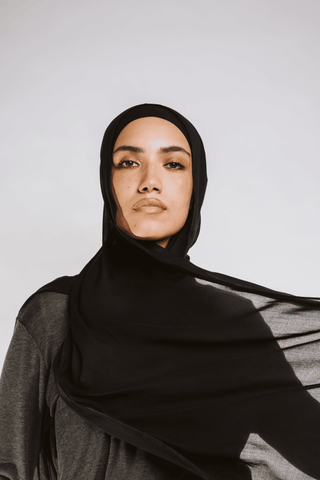 Black premium bamboo scarf set with matching bamboo inner cap and breathable lightweight drape by WOROOD