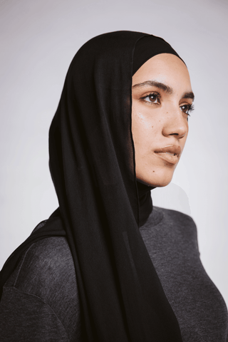 Black premium bamboo scarf set with matching bamboo inner cap and breathable lightweight drape by WOROOD