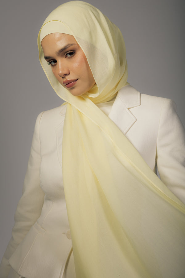 Butter Yellow premium bamboo scarf set with matching bamboo inner cap and breathable lightweight drape by WOROOD
