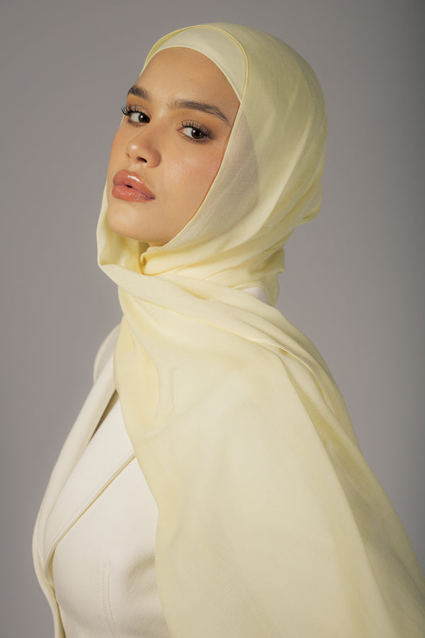Butter Yellow premium bamboo scarf set with matching bamboo inner cap and breathable lightweight drape by WOROOD