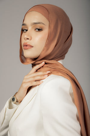 Caramel premium bamboo scarf set with matching bamboo inner cap and breathable lightweight drape by WOROOD