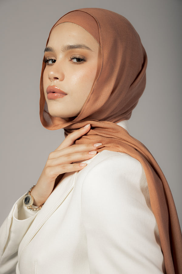 Caramel premium bamboo scarf set with matching bamboo inner cap and breathable lightweight drape by WOROOD