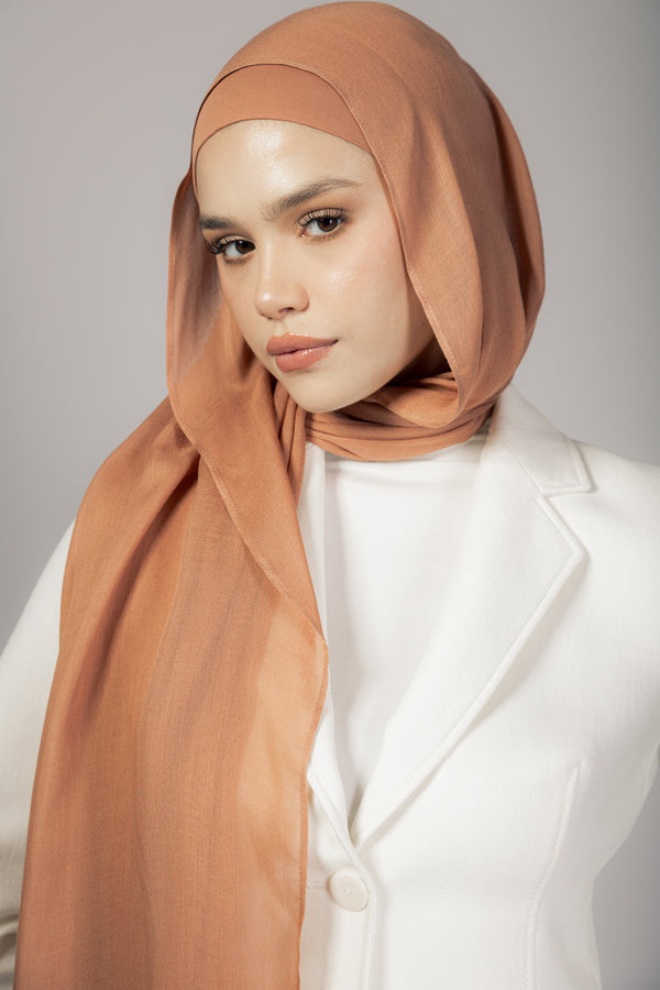 Caramel premium bamboo scarf set with matching bamboo inner cap and breathable lightweight drape by WOROOD