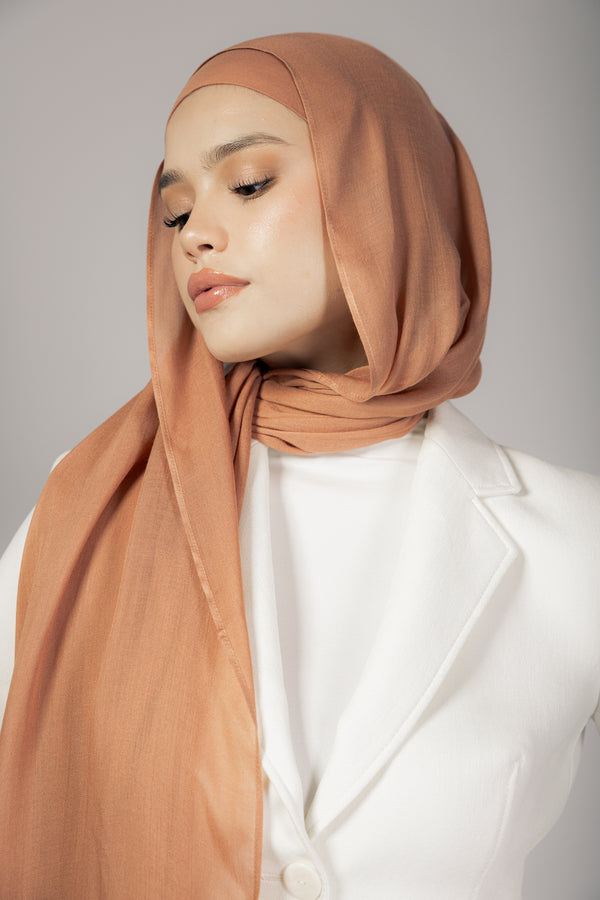 Caramel premium bamboo scarf set with matching bamboo inner cap and breathable lightweight drape by WOROOD