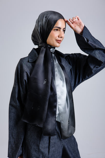 Divine Noire premium silk scarf with black and silver ombré mulberry silk drape by WOROOD