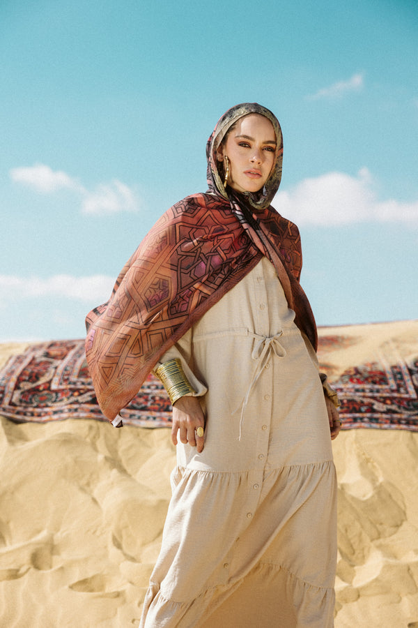 Ishbiliyah modal scarf styled for everyday wear, work, and travel – سكارف مودال إشبيليّة عملي للحجاب اليومي والعمل