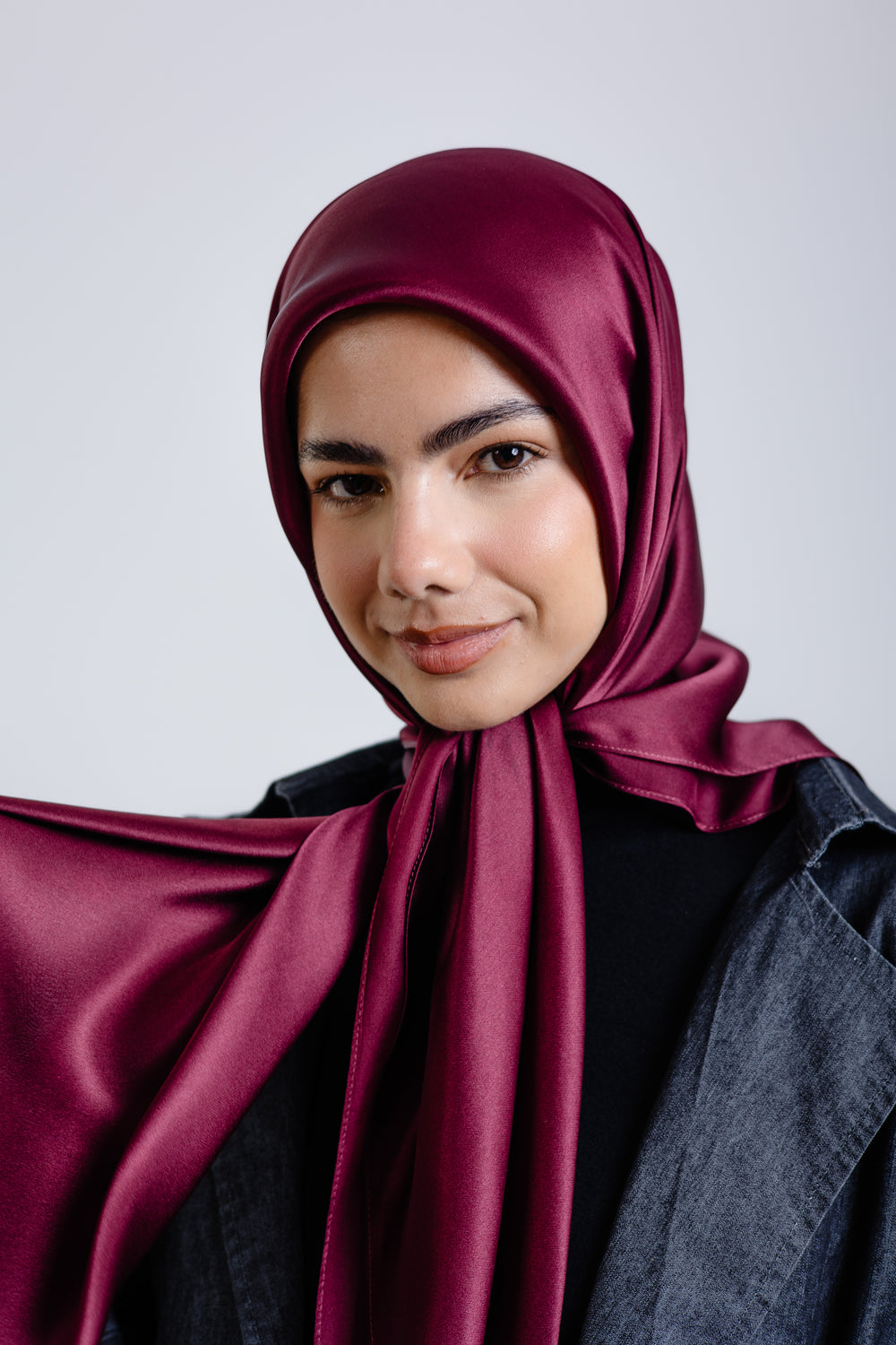 Worood Maroon Silk Scarf Rectangle – deep maroon silk scarf with subtle shine -  وشاح حريري Maroon Silk Scarf مربع من WOROOD مارون - وشاح حريري غامق اللون مع لمعان خفيف