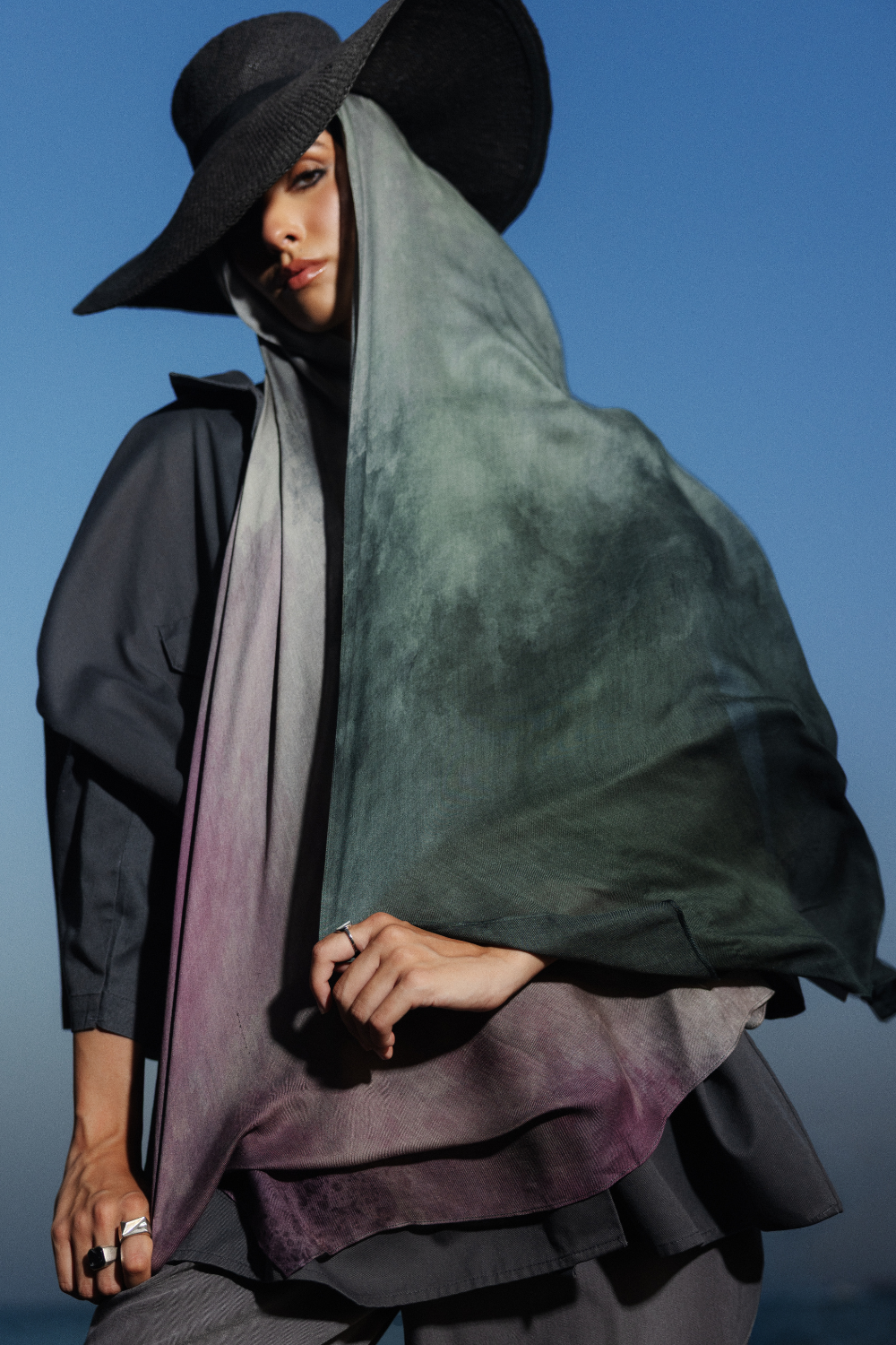 Moon Dust printed premium modal scarf with celestial purple, olive, and grey drape by WOROOD