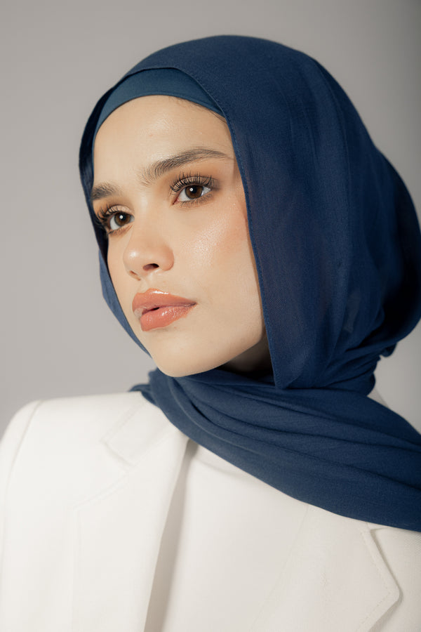 Navy premium bamboo scarf set with matching bamboo inner cap and breathable lightweight drape by WOROOD