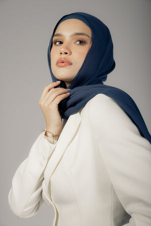 Navy premium bamboo scarf set with matching bamboo inner cap and breathable lightweight drape by WOROOD