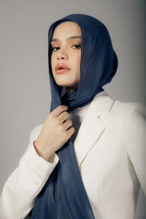 Navy premium bamboo scarf set with matching bamboo inner cap and breathable lightweight drape by WOROOD