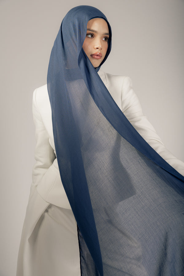 Navy premium bamboo scarf set with matching bamboo inner cap and breathable lightweight drape by WOROOD