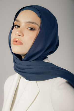 Navy premium bamboo scarf set with matching bamboo inner cap and breathable lightweight drape by WOROOD