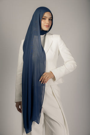 Navy premium bamboo scarf set with matching bamboo inner cap and breathable lightweight drape by WOROOD
