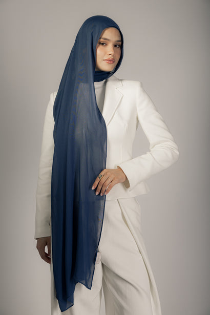 Navy premium bamboo scarf set with matching bamboo inner cap and breathable lightweight drape by WOROOD