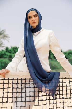 Navy premium bamboo scarf set with matching bamboo inner cap and breathable lightweight drape by WOROOD