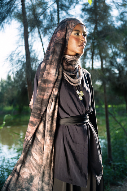 Nilea printed premium modal scarf with Nile-inspired aquatic forms, layered textures, and lightweight breathable drape by WOROOD
