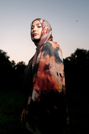 Oriana printed premium modal scarf with flowing horizon-inspired gradients, expressive brushwork, and lightweight breathable drape by WOROOD