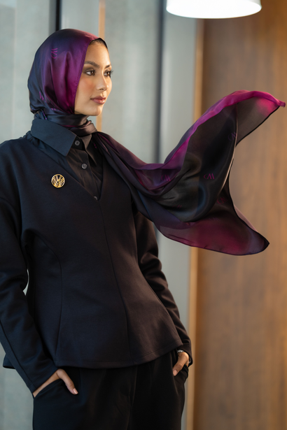 Rouge Nuit premium silk scarf with mulberry and black ombré mulberry silk drape by WOROOD