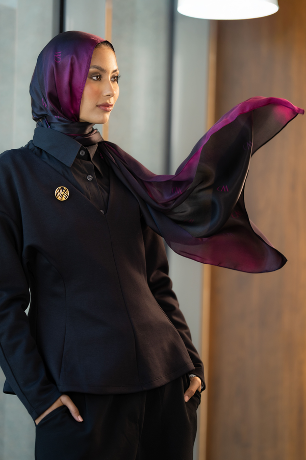 Rouge Nuit premium silk scarf with mulberry and black ombré mulberry silk drape by WOROOD