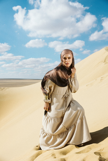 Sira printed a premium modal scarf styled as a breathable, lightweight hijab by WOROOD