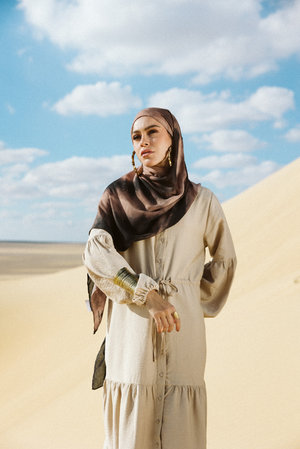 Sira printed a premium modal scarf styled as a breathable, lightweight hijab by WOROOD