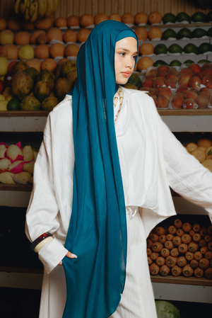 Imperial Teal premium bamboo scarf styled as a breathable, lightweight hijab set by WOROOD