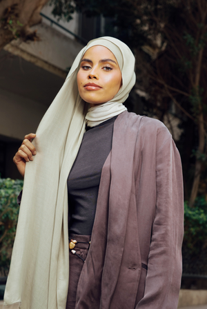 Soft Saga Bamboo Set, a premium bamboo scarf with bandana styled as a breathable, lightweight hijab set by WOROOD
