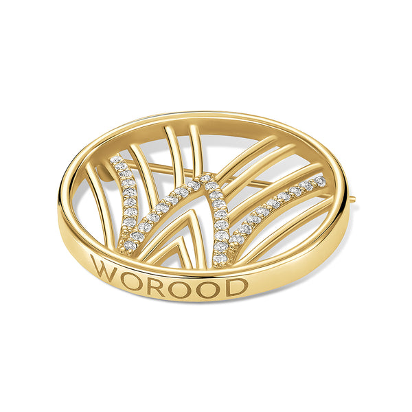 Worood Insignia Brooch with Stones – elegant gold brooch adorned with sparkling stones- بروش خشبي Insignia بالأحجار - بروش ذهبي أنيق Insignia بأحجار لامعة 