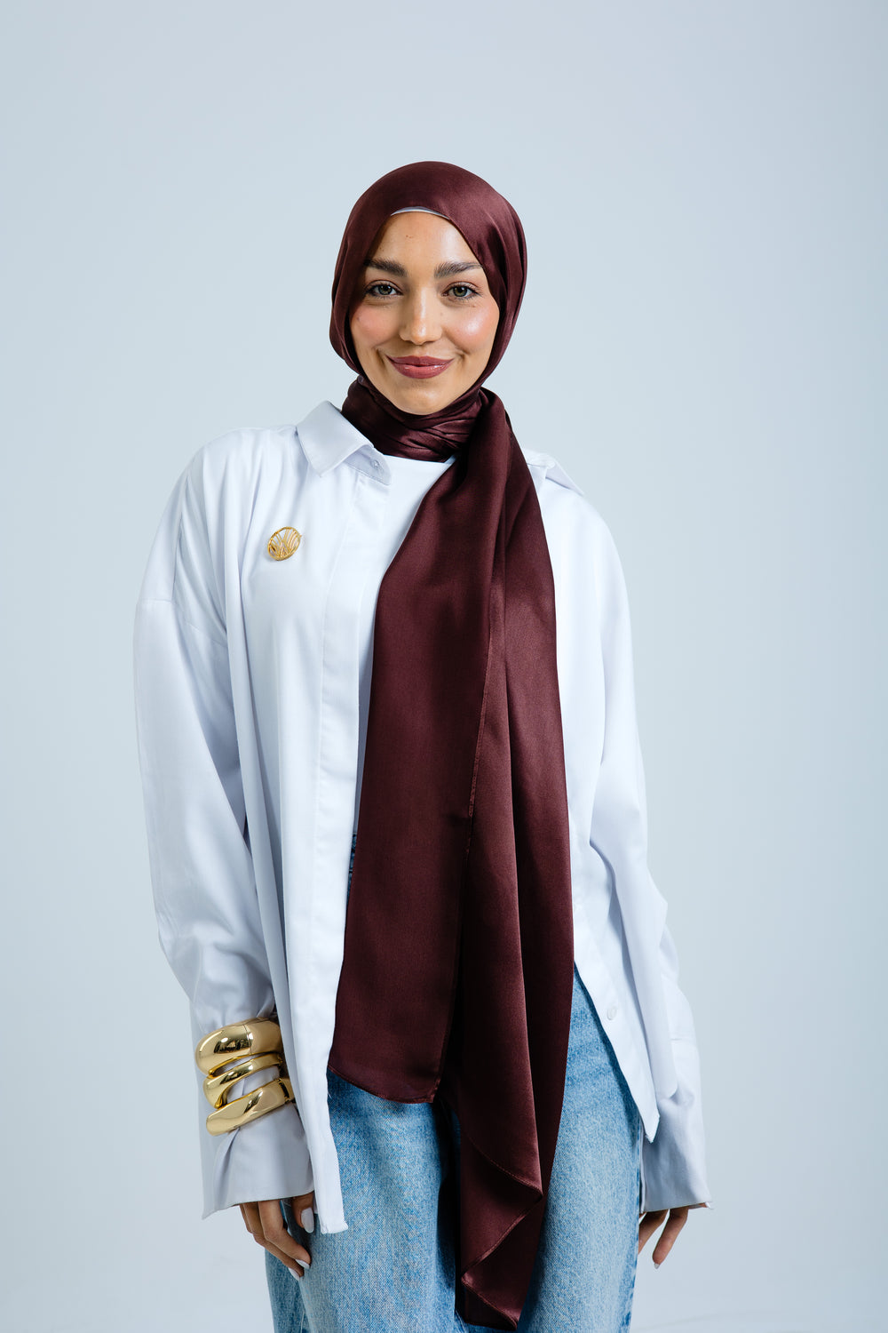 Worood Chocolate Silk Scarf Rectangle – dark brown silk scarf with soft sheen - وشاح حريري Chocolate Silk Scarf  مستطيل  من ورود الشوكولاتة - وشاح حريري بني غامق مع لمعان ناعم 