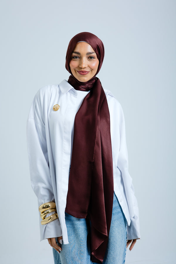 Worood Chocolate Silk Scarf Rectangle – dark brown silk scarf with soft sheen - وشاح حريري Chocolate Silk Scarf  مستطيل  من ورود الشوكولاتة - وشاح حريري بني غامق مع لمعان ناعم 